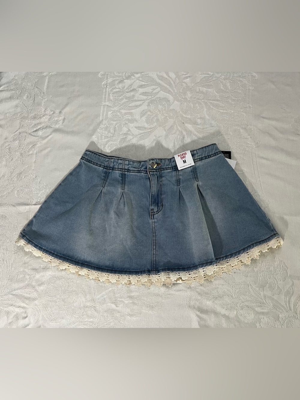 Celebrity Pink Light Blue Denim Pleated Mini Skirt with Cream Lace Hem